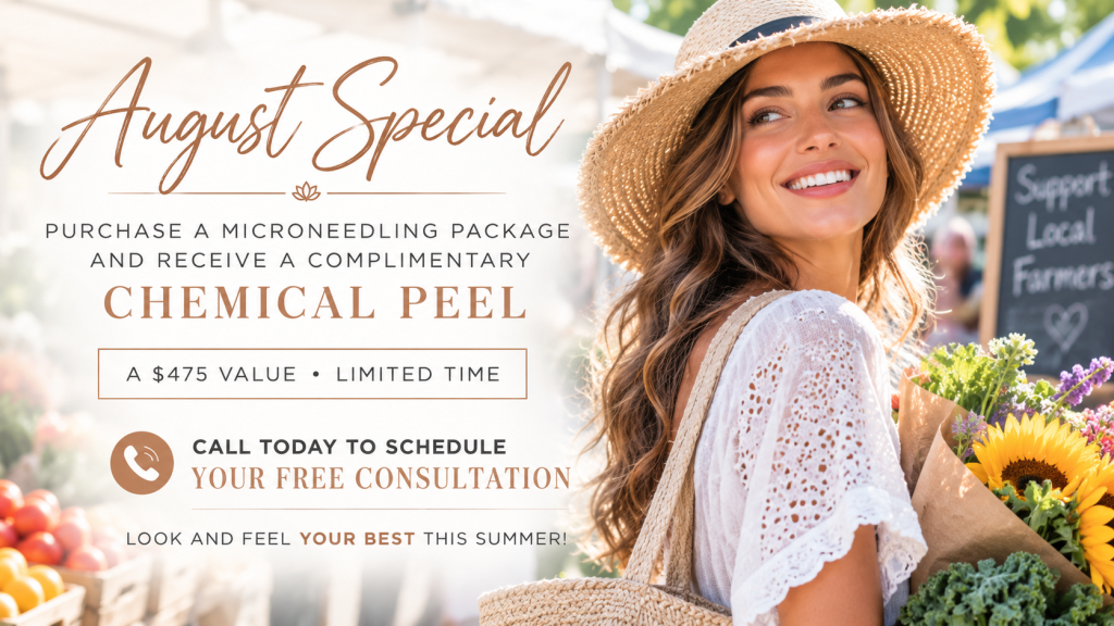 A smiling woman in a straw hat holds flowers at a market; ad promotes free chemical peel offer.